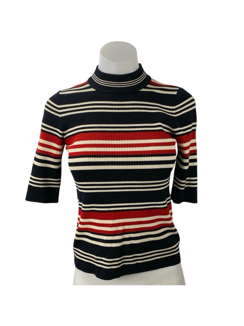 Nicholas Multicolor Wool Striped Rib Knit Mock Neck Short Sleeve Sweater Top M